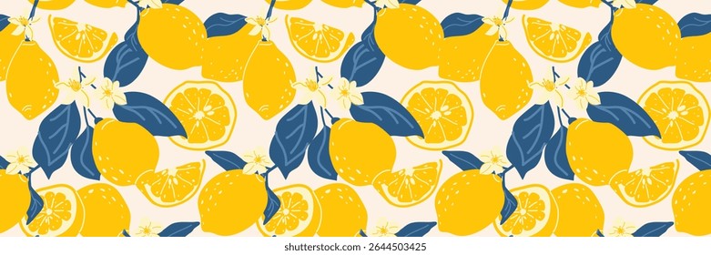 Hand-drawn vintage seamless pattern with yellow lemons on a beige background. Lemon and floral illustration for Bifold. Fashionable vector background for paper, covers, fabric