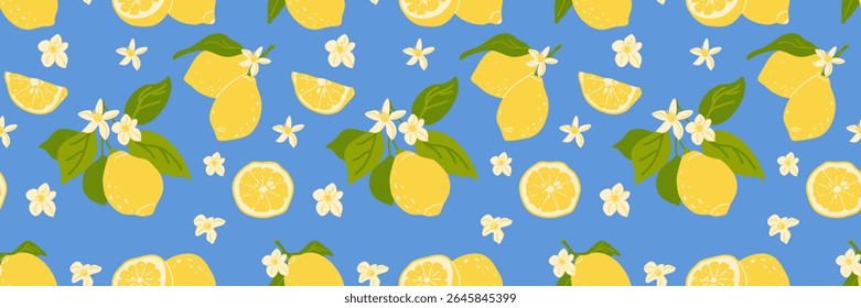 Dibujado a mano patrón vintage sin fisuras con limones amarillos sobre un fondo azul. Estampado mediterráneo de verano. Fondo mediterráneo de moda del Vector para el papel, cubiertas, tela