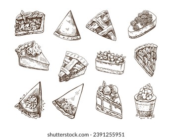 Hand-drawn vintage set of pieces of traditional cakes, tarts and pies sketch. Sweet bakery, fruit, berries. Top view. Vector collection of ink baking illustration. Food for Thanksgiving, Christmas.