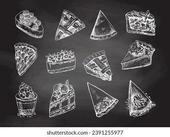 Hand-drawn vintage set of pieces of traditional cakes, tarts and pies sketch on chalkboard background. Sweet bakery, fruit, berries. Top view. Food for Thanksgiving, Christmas.