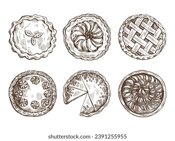 Hand-drawn vintage set of traditional cakes and pies sketch. Sweet bakery, fruit, berries, pumpkin. Top view. Vector collection of ink baking illustration. Food for Thanksgiving, Christmas.