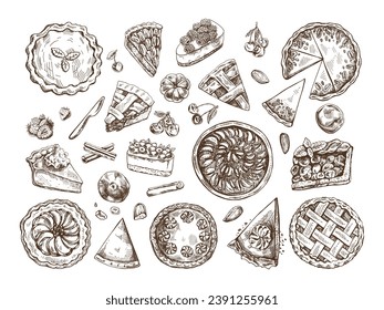 Hand-drawn vintage set of traditional cakes, tarts and pies sketch. Sweet bakery, fruit, berries. Top view. Vector collection of ink baking illustration. Food for Thanksgiving, Christmas.