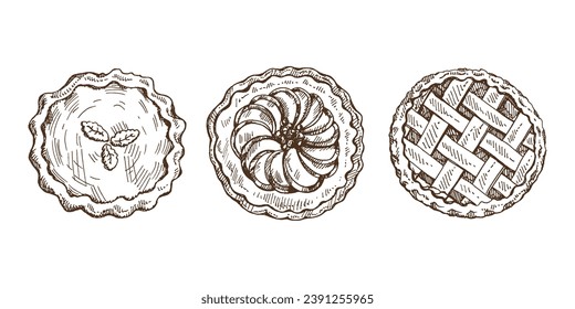 Hand-drawn vintage set of traditional cakes and pies sketch. Sweet bakery, fruit, berries, pumpkin. Top view. Vector collection of ink baking illustration. Food for Thanksgiving, Christmas.