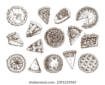Hand-drawn vintage set of traditional cakes, tarts and pies sketch. Sweet bakery, fruit, berries. Top view. Vector collection of ink baking illustration. Food for Thanksgiving, Christmas.