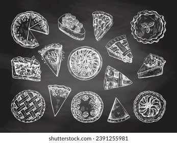 Hand-drawn vintage set of traditional cakes, tarts and pies sketch on chalkboard background. Sweet bakery, fruit, berries. Top view. Vector  baking illustration. Food for Thanksgiving, Christmas.