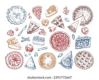 Hand-drawn vintage set of traditional cakes, tarts and pies sketch. Sweet bakery, fruit, berries. Top view. Vector collection of ink baking illustration. Food for Thanksgiving, Christmas.