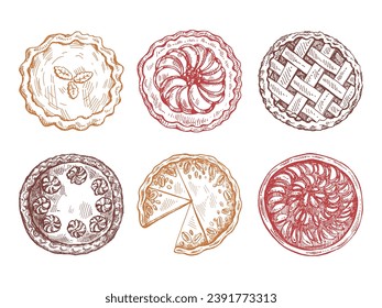 Hand-drawn vintage set of traditional cakes and pies sketch. Sweet bakery, fruit, berries, pumpkin. Top view. Vector collection of ink baking illustration. Food for Thanksgiving, Christmas.