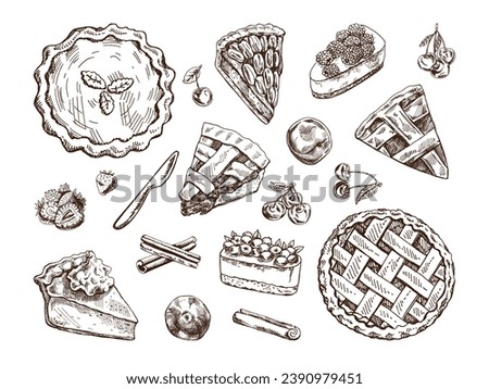 Hand-drawn vintage set of traditional cakes, tarts and pies sketch. Sweet bakery. Top view. Vector collection of ink baking illustration. Food for Thanksgiving, Christmas.