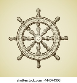 Hand-drawn vintage ships wheel in the old-fashioned style. Vector illustration