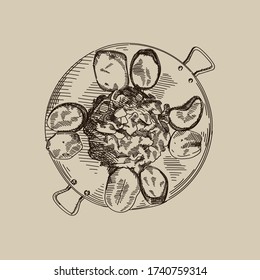 Hand-drawn vintage sketch of Azerbaijani national meal known as sadj. On an iron pan, potatoes, eggplants with fried meat and vegetables in the middle are served.	