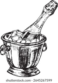 Hand-drawn vintage sketch of a champagne bottle in an ice bucket. Ideal for party, celebration, wine bar, or holiday design themes.

