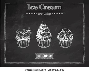 Hand-drawn vintage sketch of ice cream cups on chalkboard