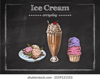 Hand-drawn vintage sketch of ice cream sundae, scoops, and milkshake