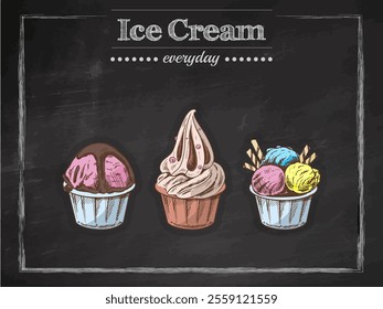 Hand-drawn vintage sketch of ice cream scoops and swirled toppings