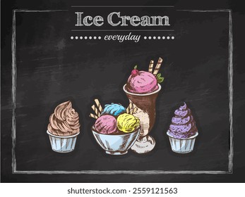 Hand-drawn vintage sketch of ice cream desserts on chalkboard background