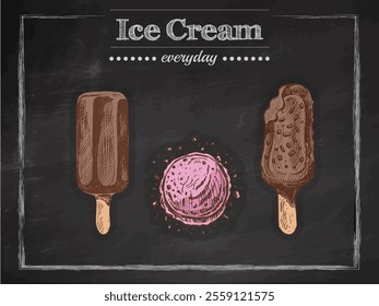 Hand-drawn vintage sketch of ice cream popsicles and scoops on chalkboard