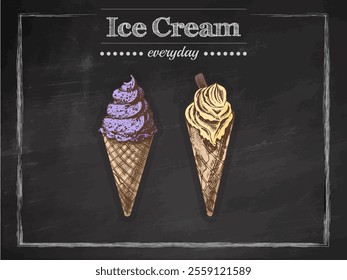 Hand-drawn vintage sketch of ice cream cones with swirled toppings