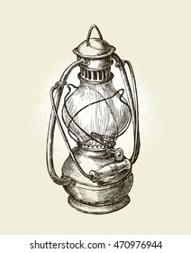 Hand-drawn vintage sketch oil lamp. Vector illustration