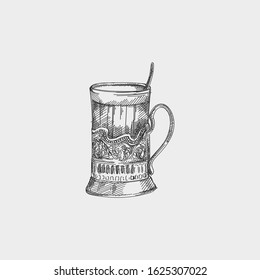 Hand-drawn vintage sketch of soviet faceted glass in tea glass holder  with a spoon inside on white background. 
