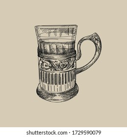 Hand-drawn vintage sketch of soviet faceted glass in tea glass holder with a beaurtiful pattern