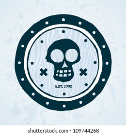 Hand-drawn vintage skull with wooden shield emblem