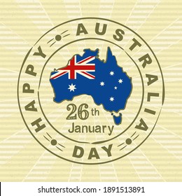 Hand-drawn vintage stamp with Lettering and map for Australia Day. Logo by January 26th in national colors. Vector illustration for poster design in doodle style.