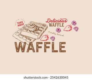 Hand-drawn vintage style waffle illustration. Perfect for menus, food blogs, and bakery designs. Includes strawberries and raspberries