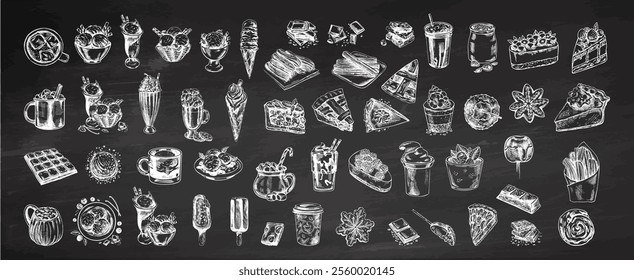 Hand-drawn vintage sweets and desserts on chalkboard background for labels, packaging and postcards. Sweet food.