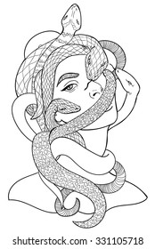 Hand-drawn vintage tattoo art. Vintage symbol, highly detailed hand drawn forbidden woman and snake, element of a medusa with poison snakes, sin temptation in linear style. Occult isolated vector art.