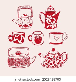 Hand-Drawn Vintage Teapots and Mugs Illustration - Red on Beige