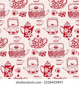 Hand-Drawn Vintage Teapots and Mugs Seamless Pattern Illustration - Red on Beige