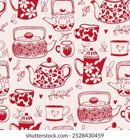 Hand-Drawn Vintage Teapots and Mugs Seamless Pattern Illustration - Red on Beige