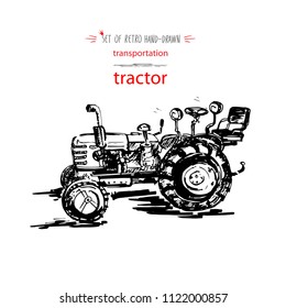 Hand-drawn vintage transport tractor. Quick ink sketch. Vector black illustration
