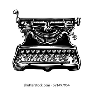 Hand-drawn vintage typewriter, writing machine. Publishing, journalism symbol. Sketch vector illustration