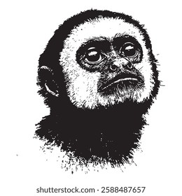 hand-drawn vintage vector illustration of a capuchin monkey’s face with detailed fur texture, perfect for wildlife, nature, and retro-style designs