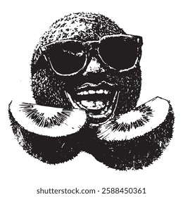 hand-drawn vintage vector illustration of a kiwi fruit with a human face and sunglasses, perfect for surreal, humorous, and creative designs