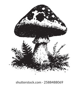 hand-drawn vintage vector illustration of a toadstool mushroom with forest details, perfect for botanical, nature, and fantasy-themed designs