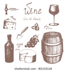 Hand-drawn vintage vector wine set in sketch style: bottle of wine, glass of wine, wood barrel, grape, cheese, knife for cheese, grape leaf, corkscrew and  handwritten signature