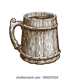 Hand-drawn vintage wooden mug of craft beer. Ale, brew, drink symbol. Sketch vector illustration