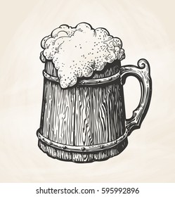 Hand-drawn vintage wooden mug with foam, sketch. Drink, beer, ale symbol. Vector illustration for design menu bar, pub or restaurant