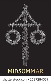 A hand-drawn vintage-style clipart of Maypole Midsummer attributes, dedicated to the Midsummer celebration. Scandinavia Midsummer holiday. Editable design.