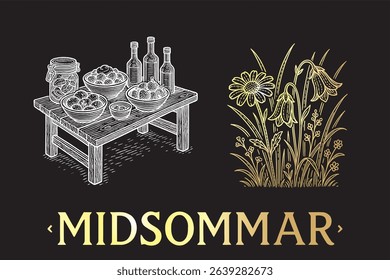 A hand-drawn vintage-style clipart of Midsummer gifts and attributes, dedicated to the Midsummer celebration. Scandinavia Midsummer holiday. Editable design.