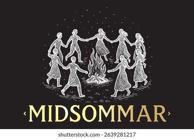A hand-drawn vintage-style clipart of round dance, dedicated to the Midsummer celebration. Scandinavia Midsummer holiday. Editable design.