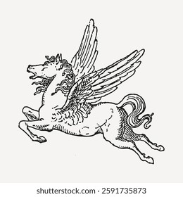 A hand-drawn vintage-style illustration of Pegasus, the mythical winged horse, in mid-flight. A classic black and white sketch with fine details.