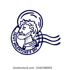 A hand-drawn, vintage-style illustration of Saint Valentine in a postmark design, symbolizing love and Valentine's Day celebration.