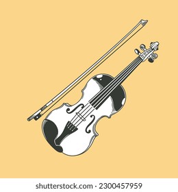 Ilustración del vector de doodle de instrumentos de violín de mano en blanco y negro