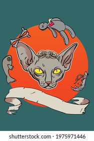 Handdrawn vooddoo cat making objects levitate