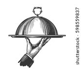 Hand-drawn waiter's hand holding tray for hot dishes. Illustration for design menu restaurant or cafe. Sketch vector