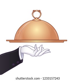 Hand-drawn waiter's hand holding tray for hot dishes. Illustration for design menu restaurant or cafe. Vector art.