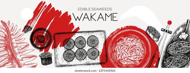 Hand-drawn wakame algae banner design. Edible seaweed drawings in collage style. Sea vegetable illustrations. Healthy food vector background. Japanese cuisine. Trendy restaurant menu design.